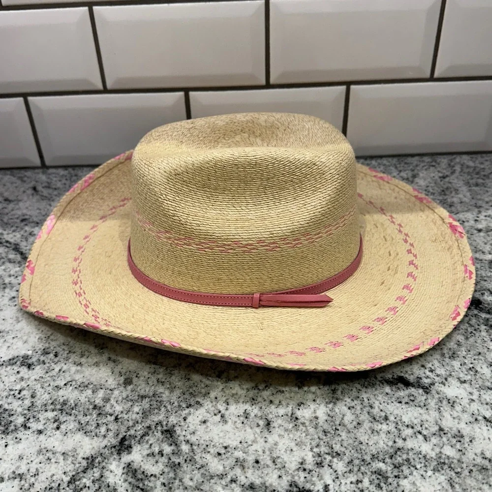 Atwood Kids XS/Small Cowboy Hat Tan Pink Whipstitch Straw Western Cowgirl Rodeo